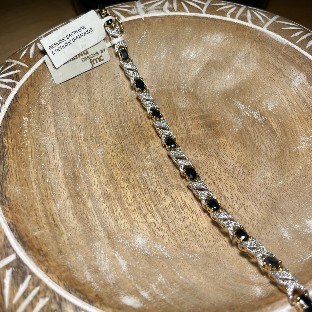 NWT Genuine Sapphire & Diamonds 24KT Gold Over Sterling Silver Bracelet